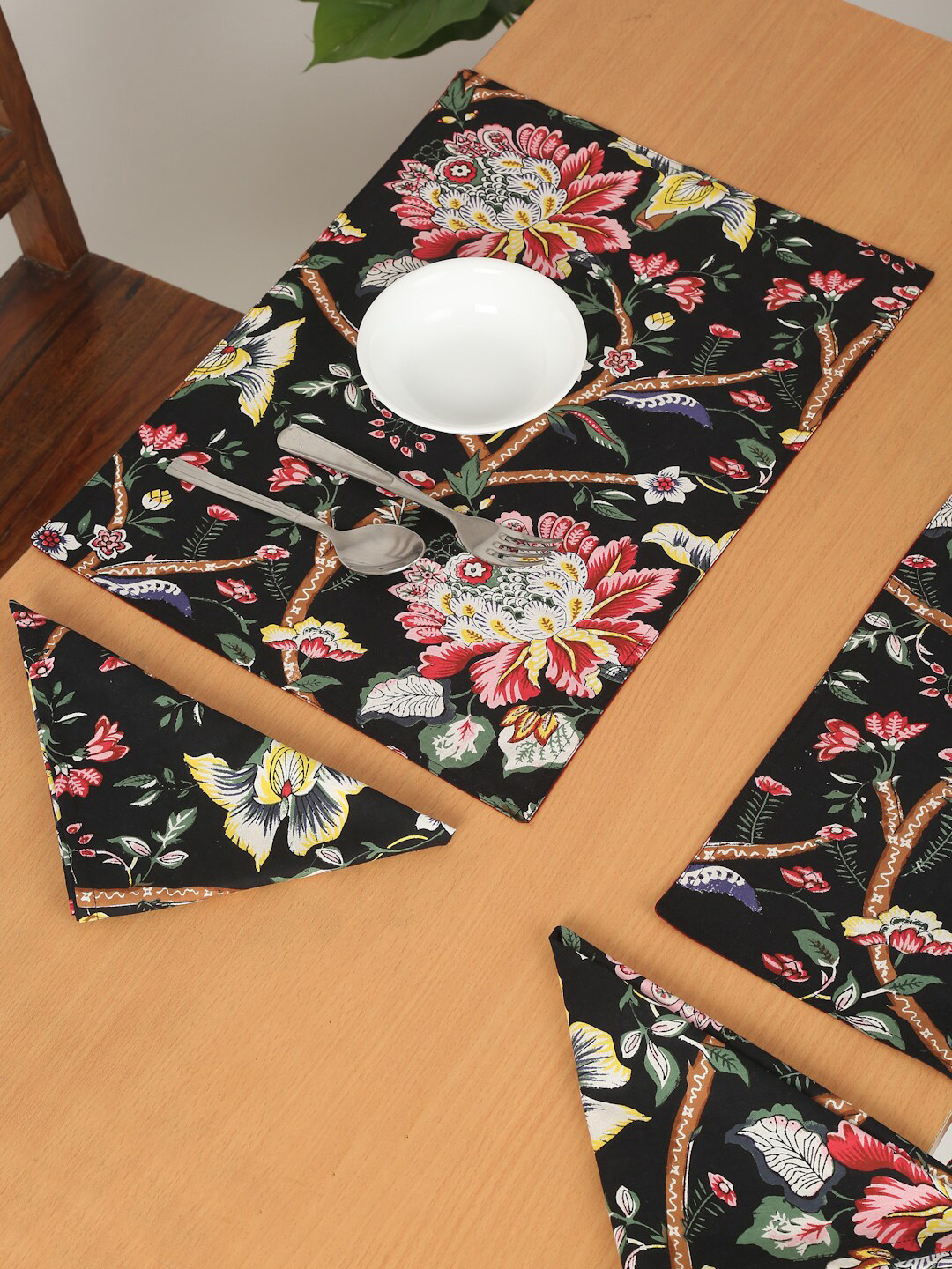 

Rajasthan Decor Set Of 12 Black & Red Floral Printed Table Mat and Napkin Set