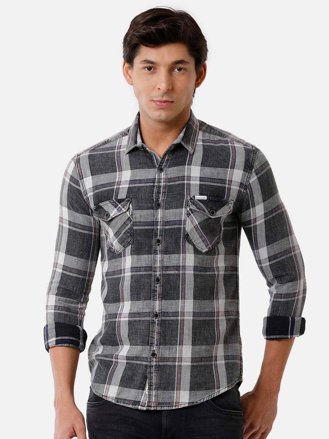 

Voi Jeans Men Grey Classic Slim Fit Tartan Checks Checked Casual Shirt