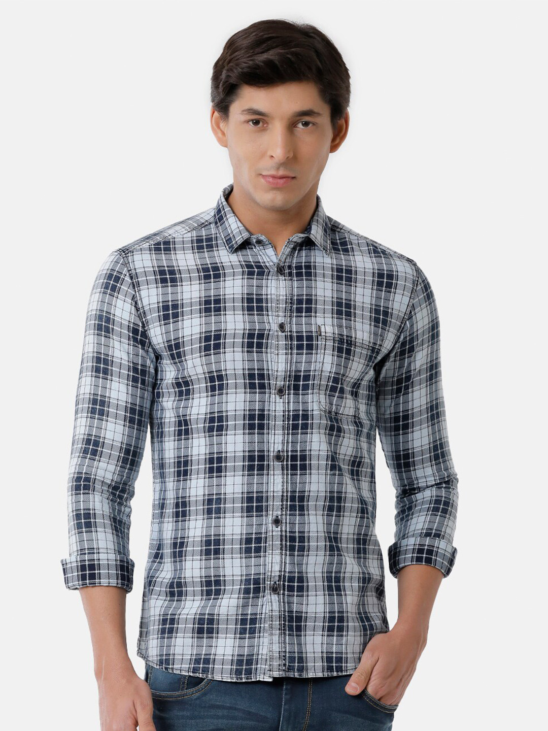 

Voi Jeans Men Blue Classic Slim Fit Tartan Checks Checked Casual Shirt