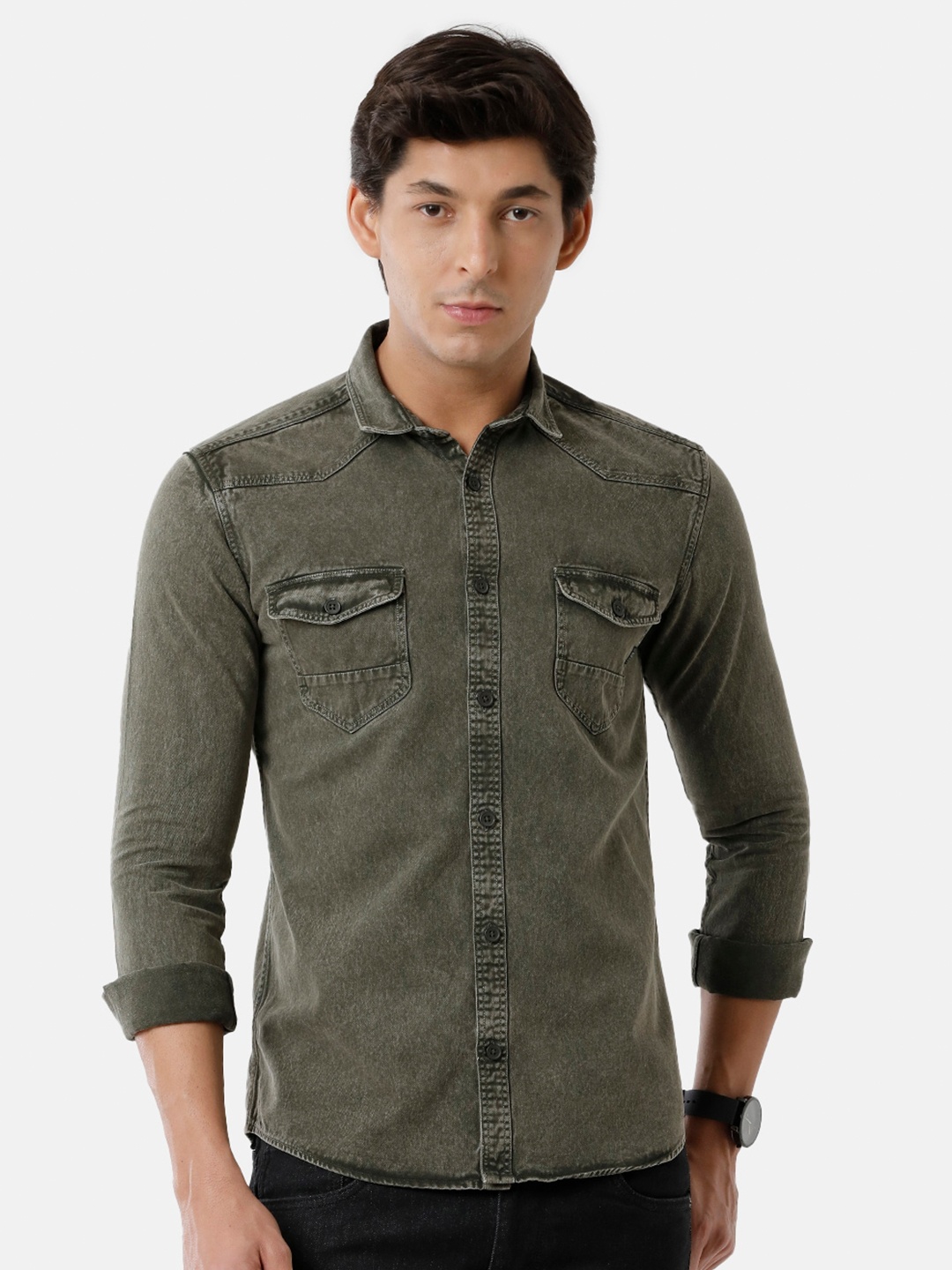 

Voi Jeans Men Olive Green Classic Slim Fit Casual Shirt