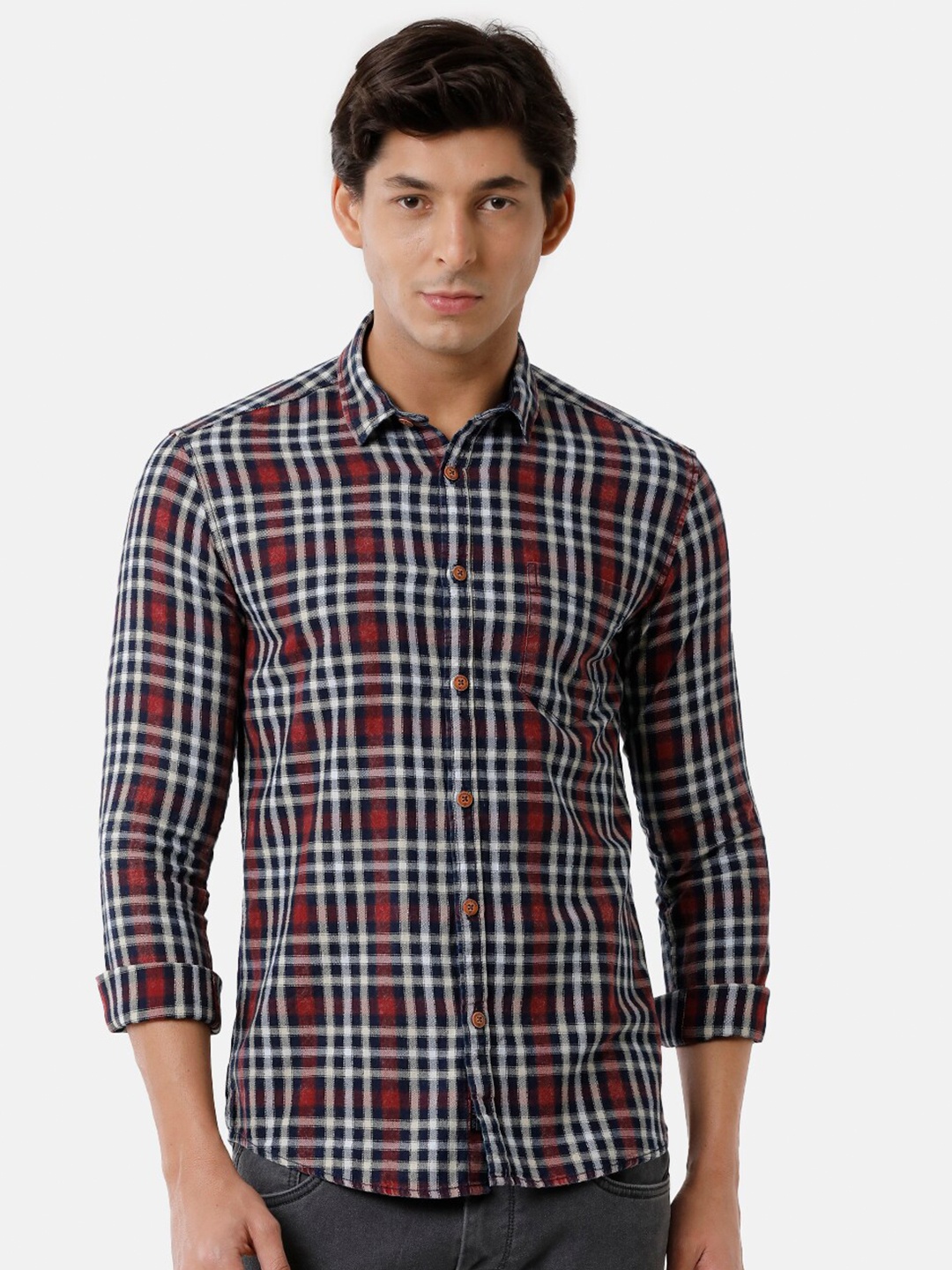 

Voi Jeans Men Blue Classic Slim Fit Tartan Checks Checked Casual Shirt