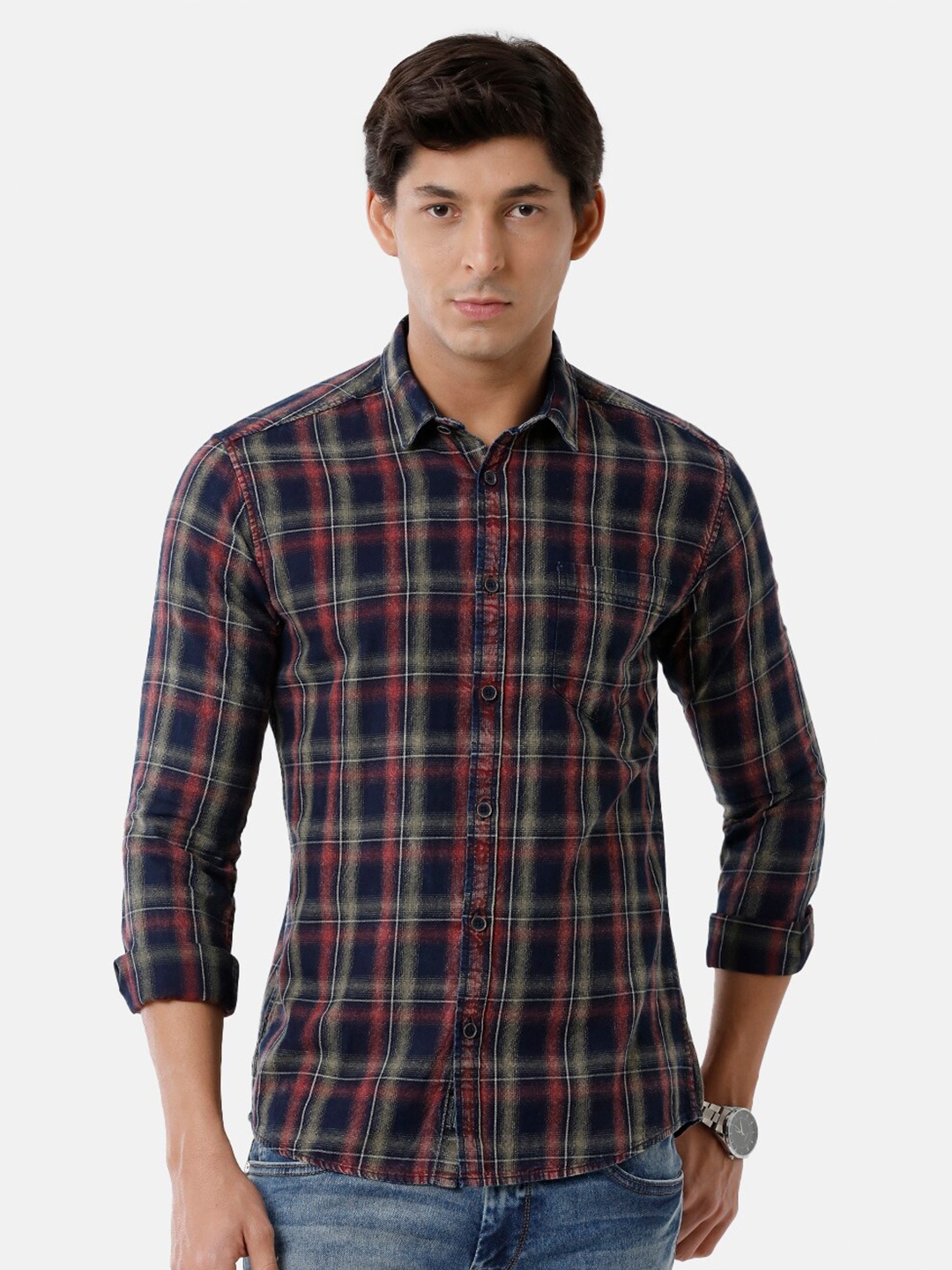 

Voi Jeans Men Blue Classic Slim Fit Tartan Checks Checked Casual Shirt
