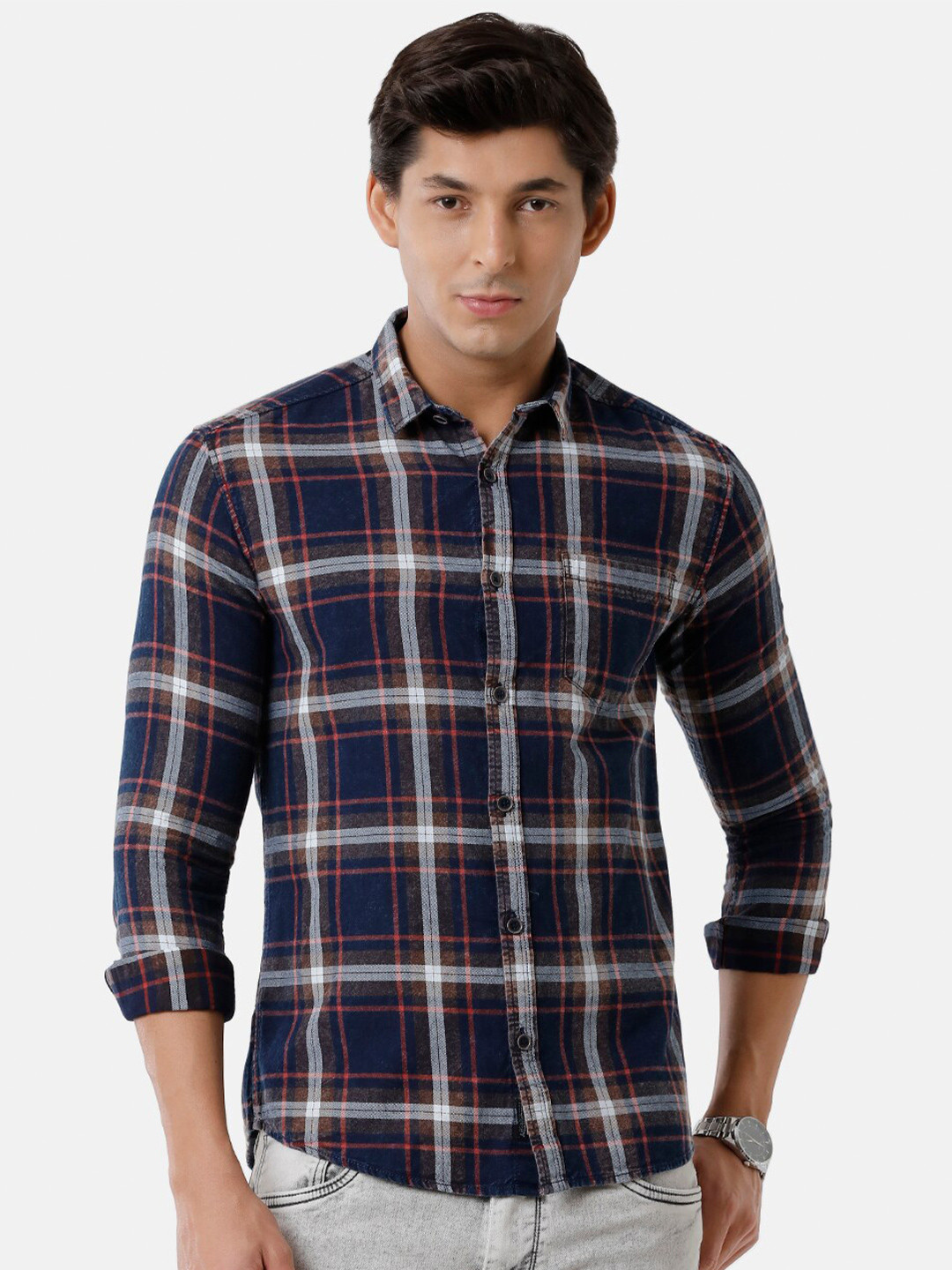 

Voi Jeans Men Blue Classic Slim Fit Tartan Checks Checked Casual Shirt