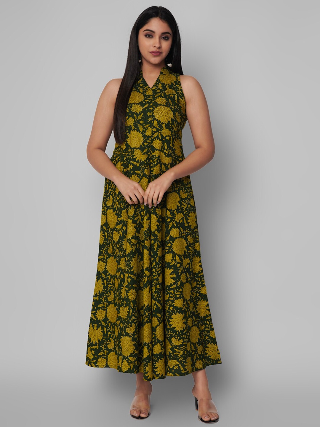 

KALINI Green Ethnic Motifs Sleeveless Ethnic Maxi Dress