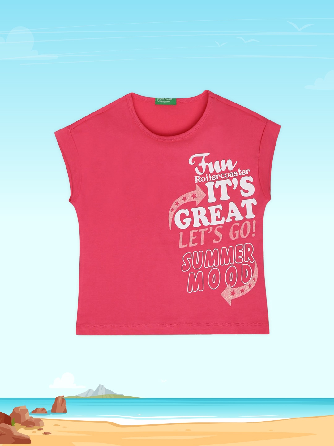 

United Colors of Benetton Girls Coral Typography Printed Applique T-shirt