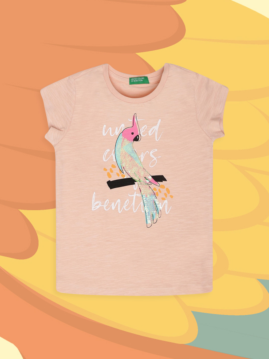 

United Colors of Benetton Girls Peach-Coloured Printed T-shirt