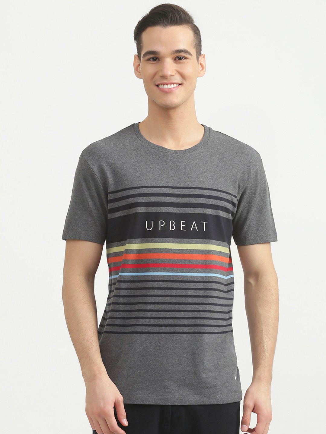 

United Colors of Benetton Men Grey Typography Striped Applique T-shirt
