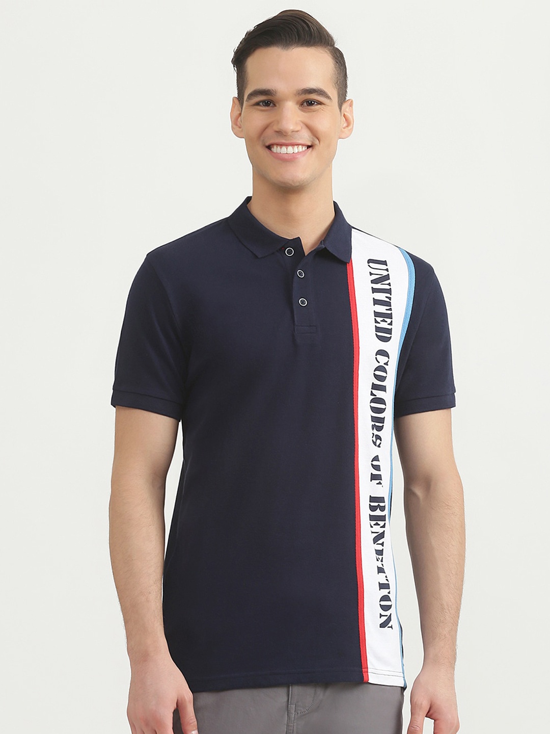 

United Colors of Benetton Men Navy Blue Polo Collar Applique T-shirt