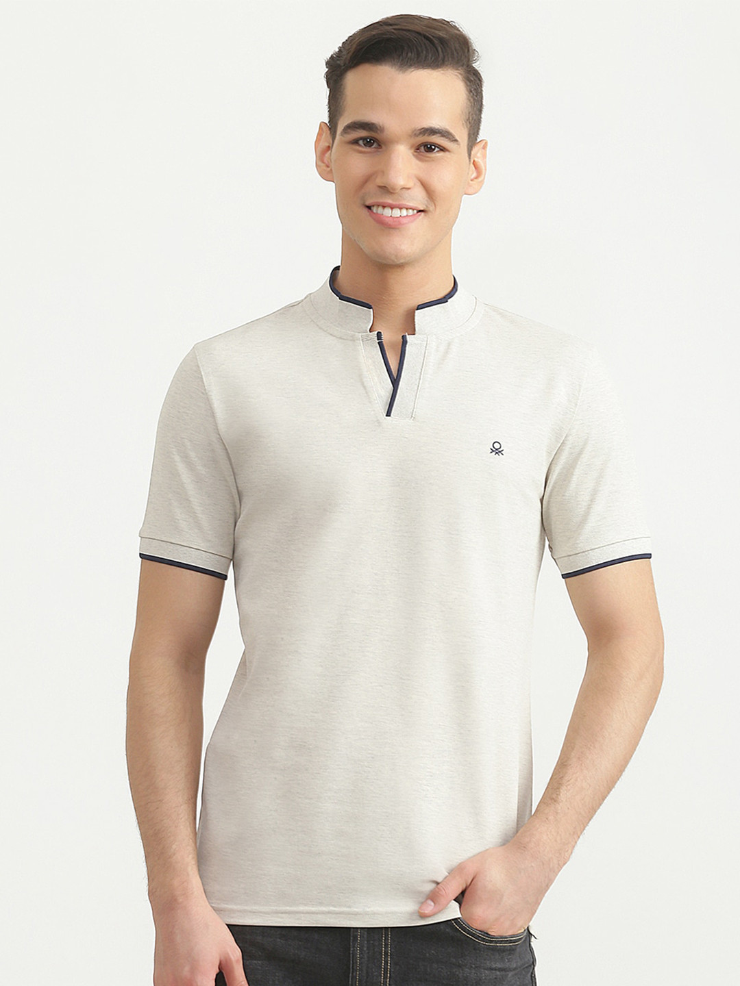 

United Colors of Benetton Men Beige Mandarin Collar T-shirt