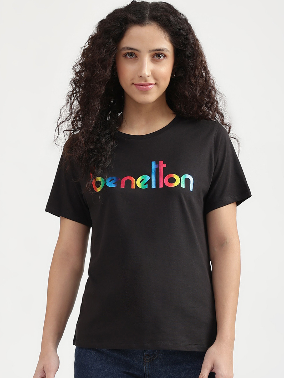 

United Colors of Benetton Women Black Typography Printed Extended Sleeves Applique T-shirt