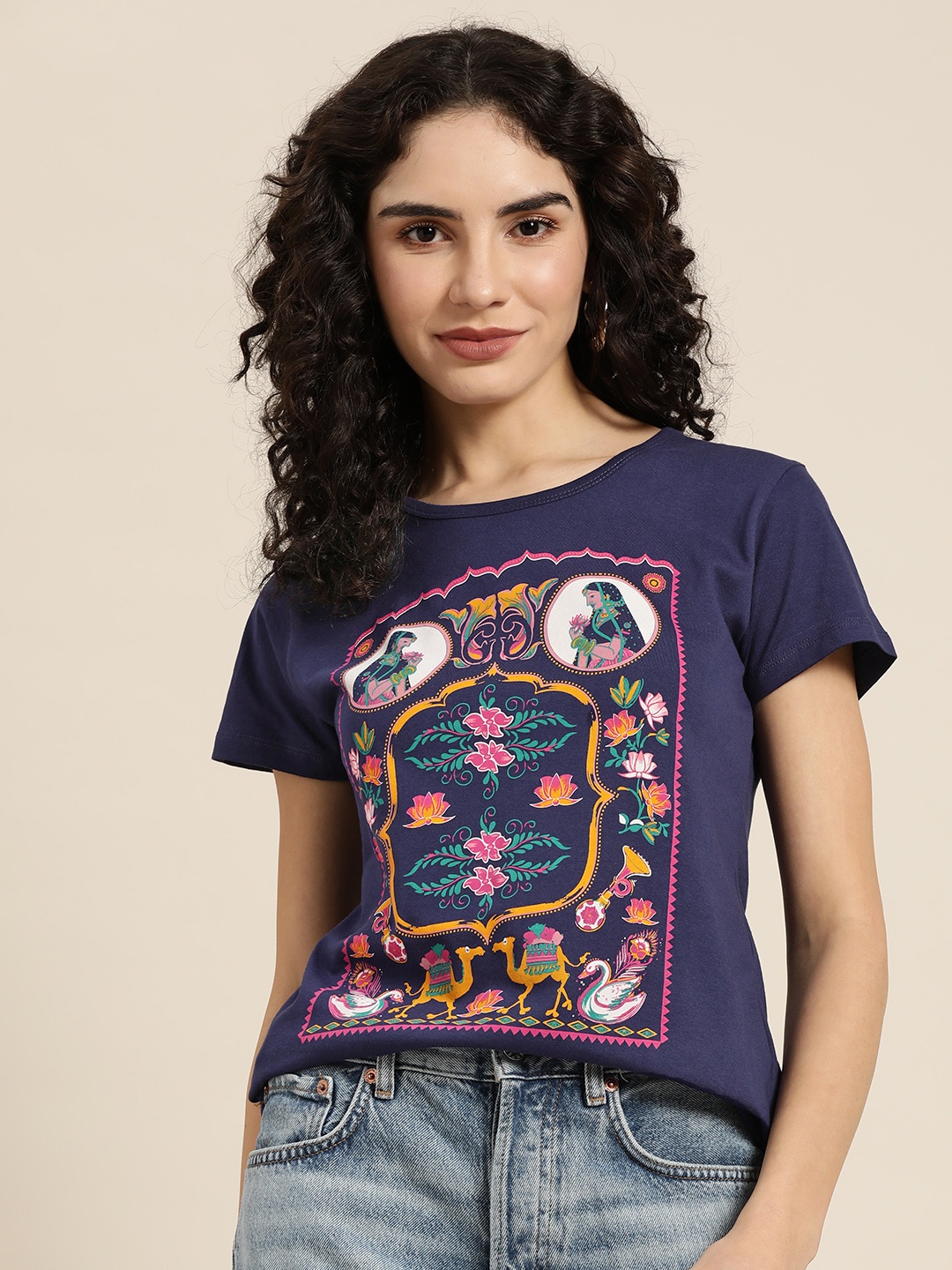 

Moda Rapido Women Navy Blue Printed Pure Cotton T-shirt