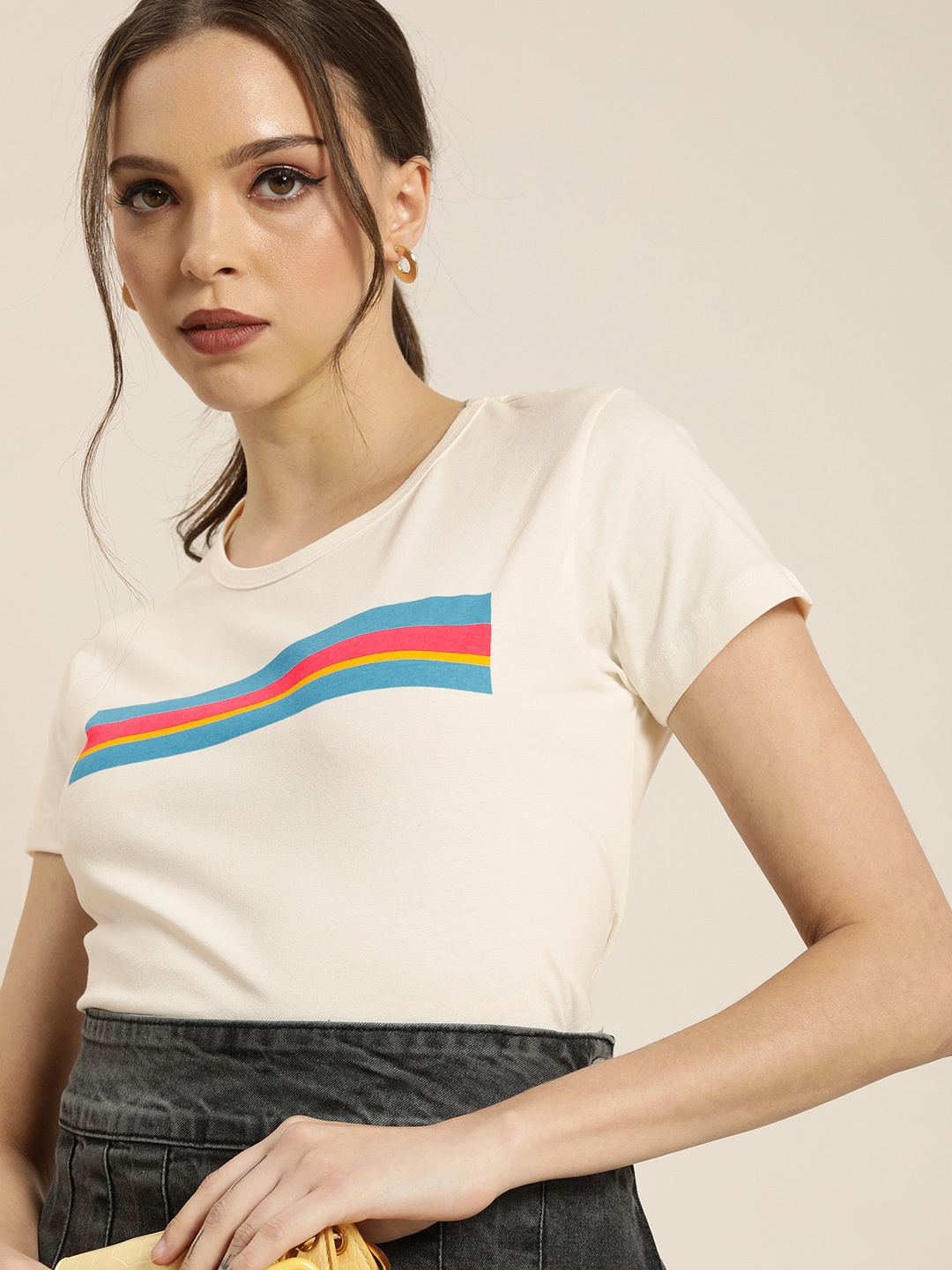 

Moda Rapido Women White & Blue Striped Pure Cotton T-shirt