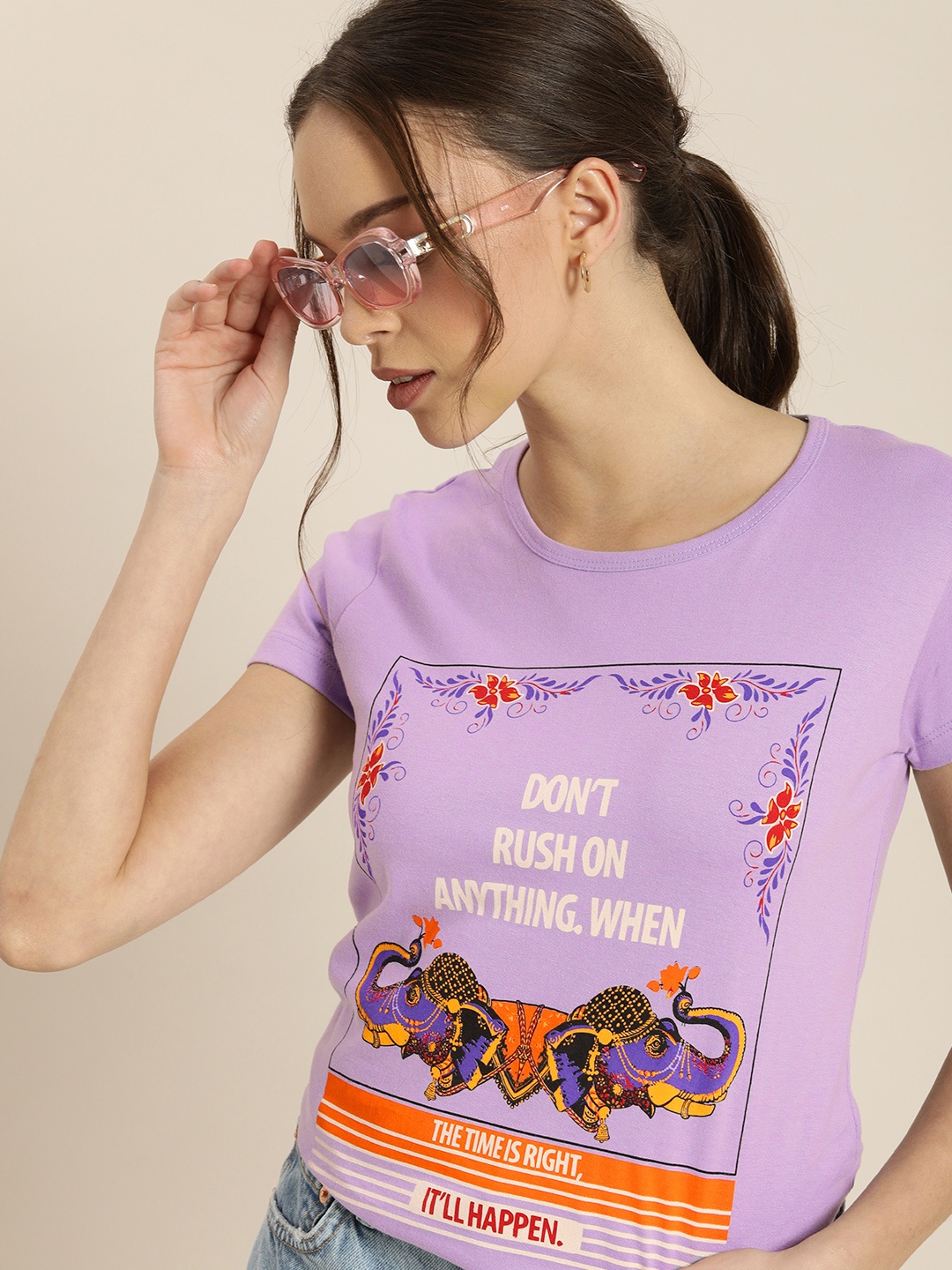 

Moda Rapido Women Purple Printed Pure Cotton T-shirt