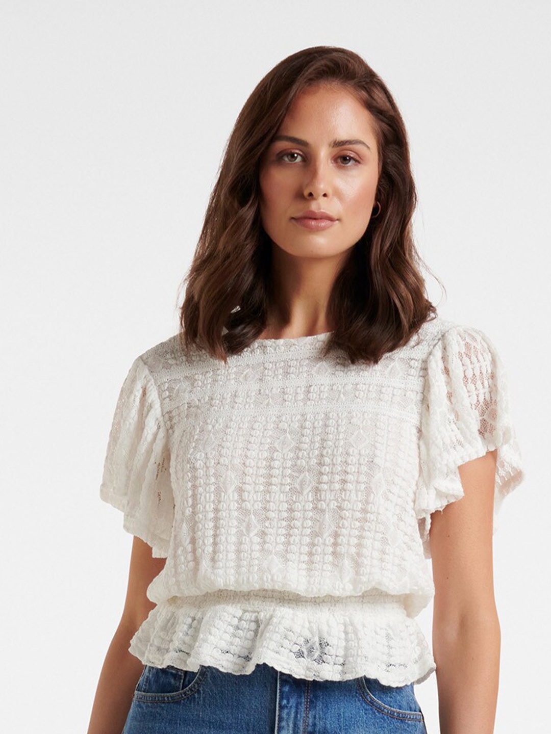 

Forever New White Smocked Cinched Waist Top