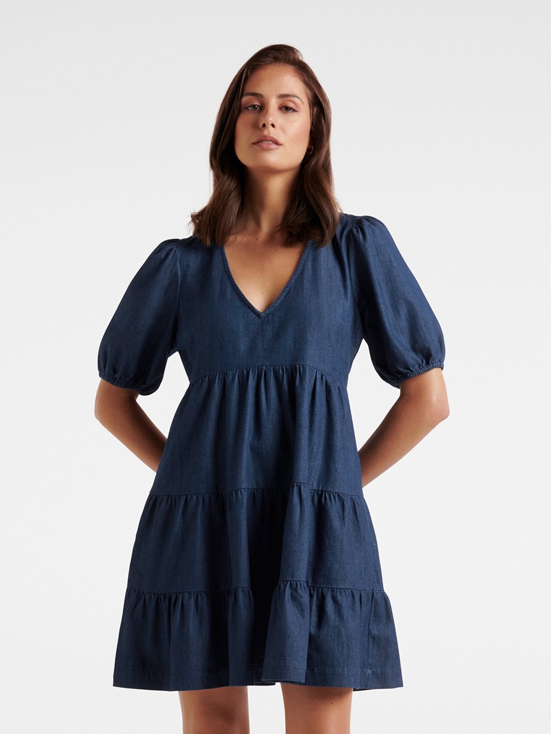 

Forever New Blue Cotton Tier Denim Dress