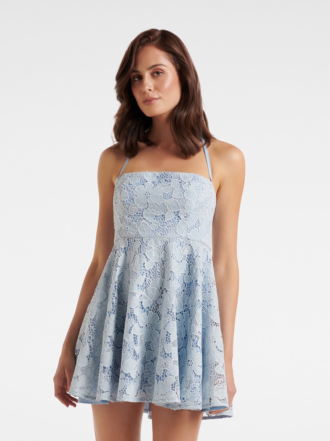 

Forever New Blue Floral Off-Shoulder Lace Mini Dress