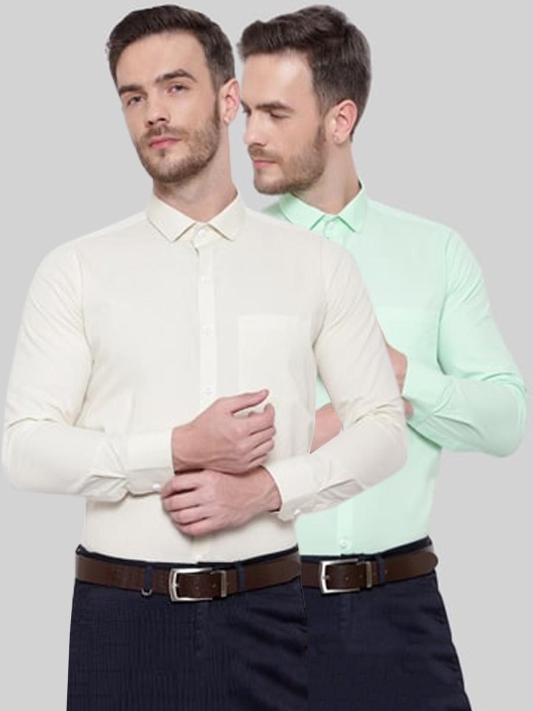 

Srey trends Men Cream-Coloured & Green Comfort Formal Shirt Pack Of 2