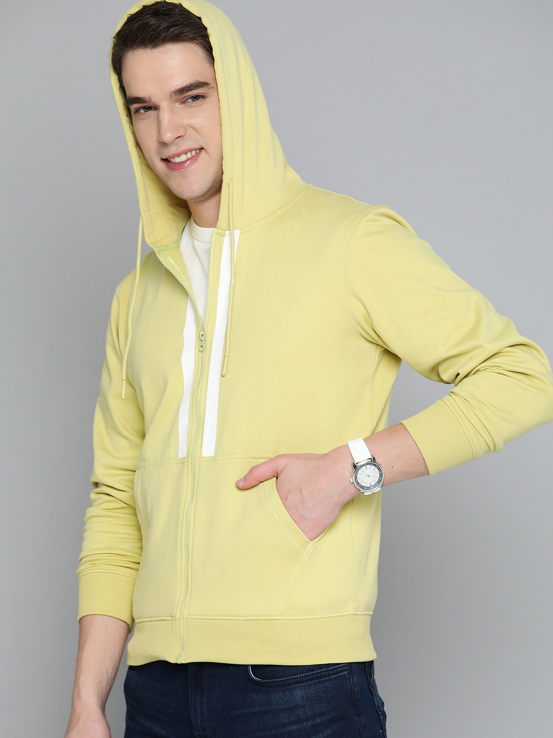 

HERE&NOW Men Yellow Solid Hooded Sweatshirt