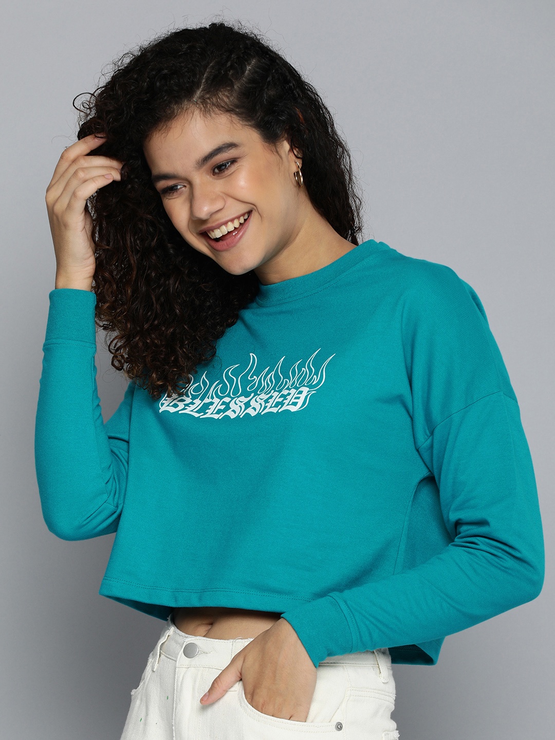 

HERE&NOW Women Teal Green Graphic Printed Crop Pullover Sweatshirt