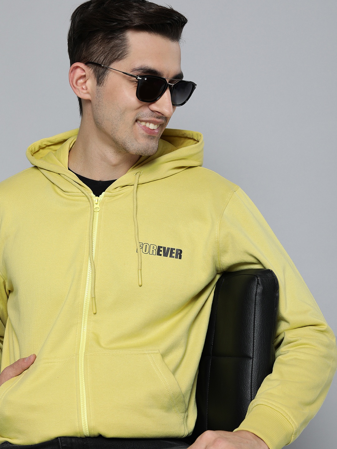 

HERE&NOW Men Yellow Solid Hooded Sweatshirt