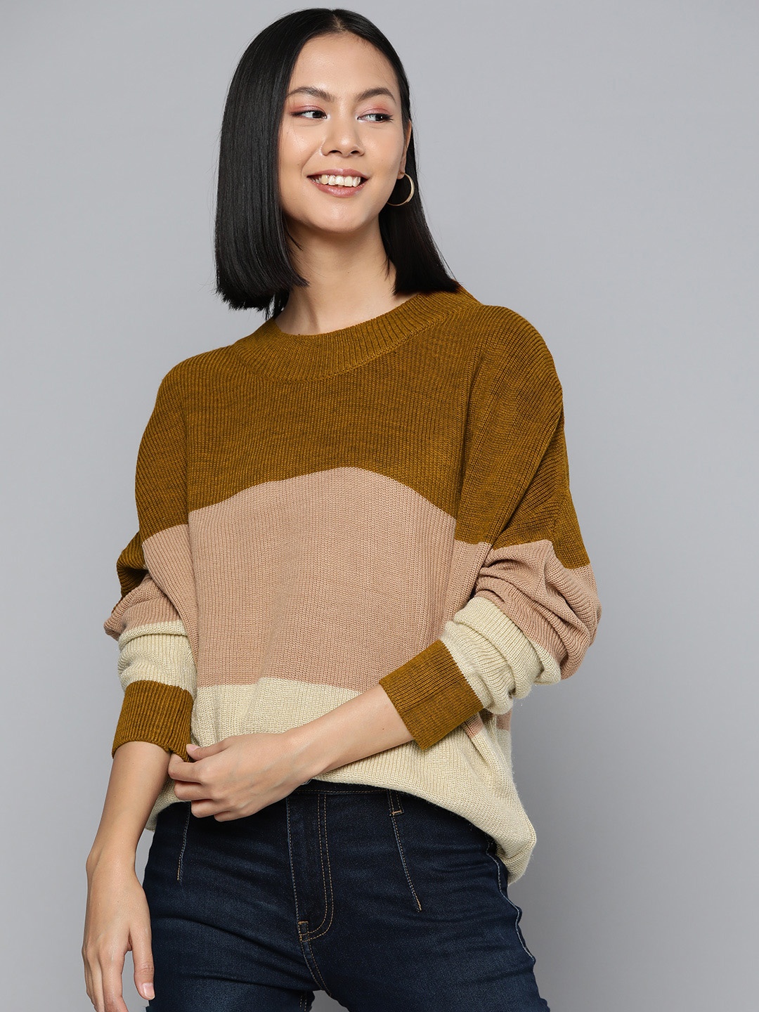 

HERE&NOW Striped Drop-Shoulder Sleeves Acrylic Pullover, Mustard