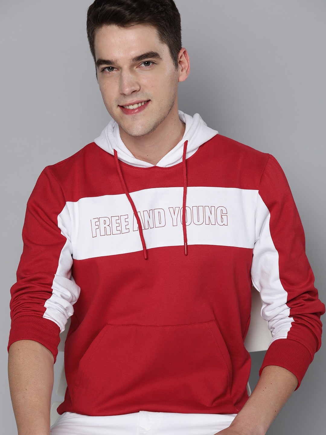 

HERE&NOW Men Red & White Striped Hooded Sweatshirt