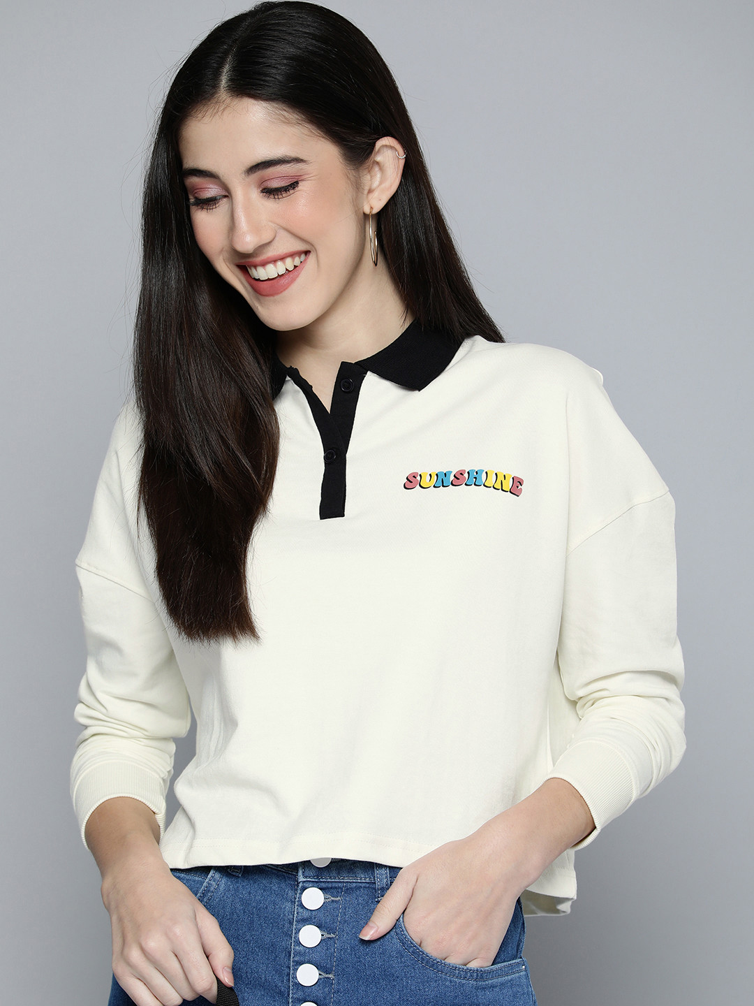 

HERE&NOW Women Off White Typography Printed Shirt Collar Solid Sweatshirt