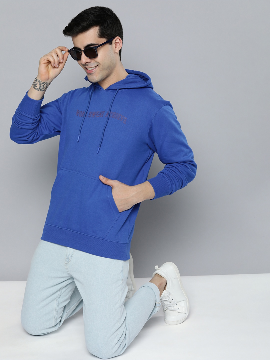 

HERE&NOW Men Blue Printed Hooded Sweatshirt