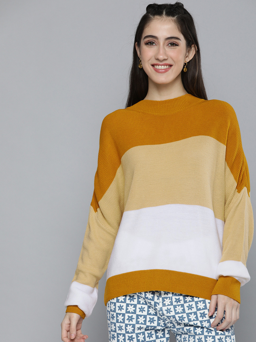 

HERE&NOW Women Mustard & Beige Colourblocked Pullover