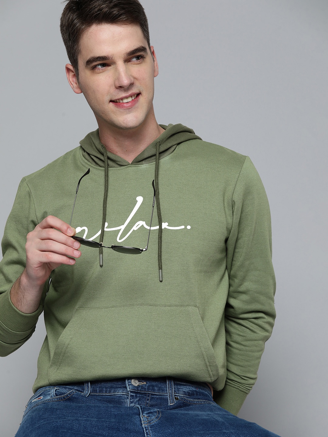 

HERE&NOW Men Green Printed Hooded Sweatshirt