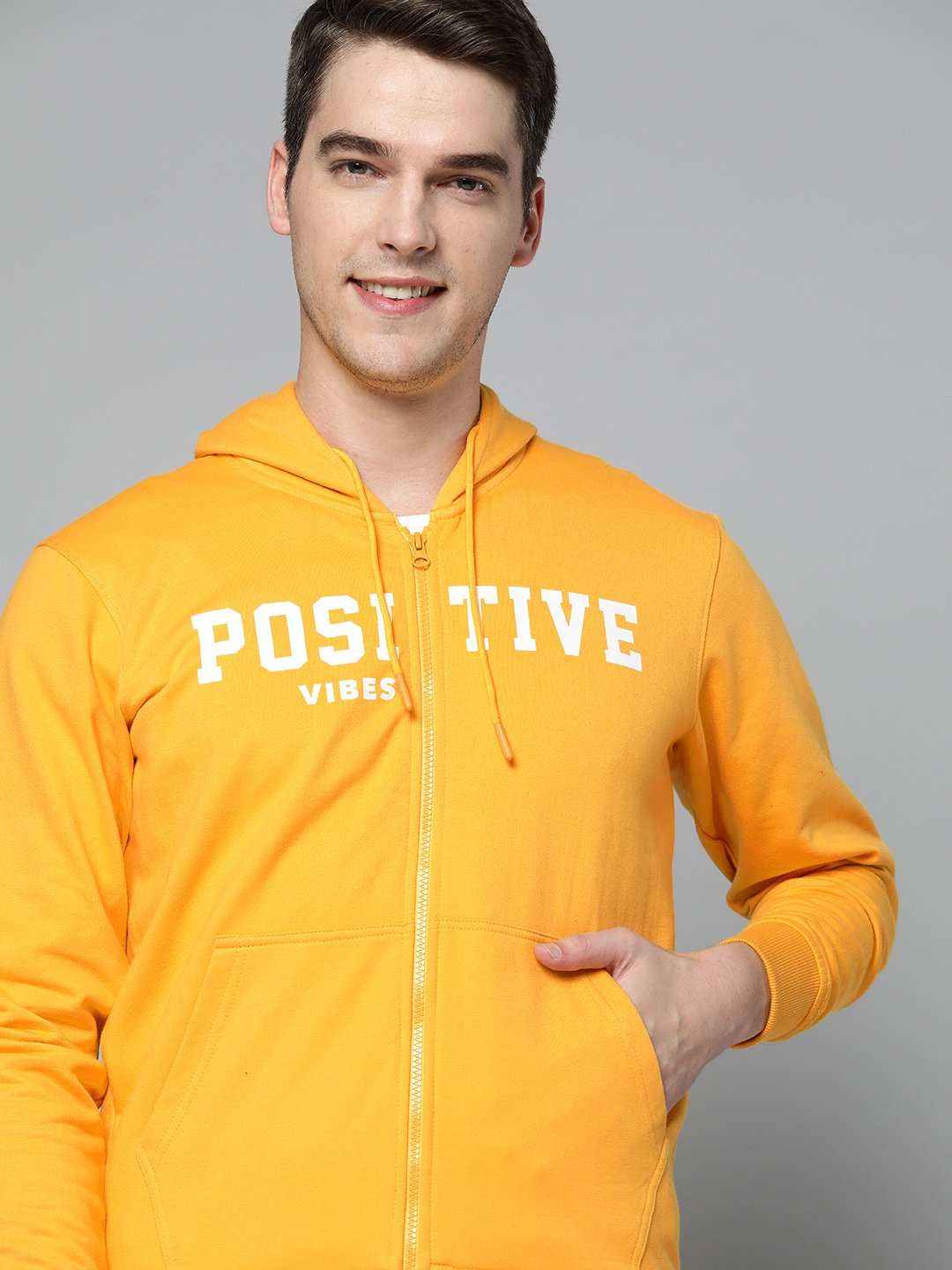 

HERE&NOW Men Yellow Printed Hooded Zipper Sweatshirt