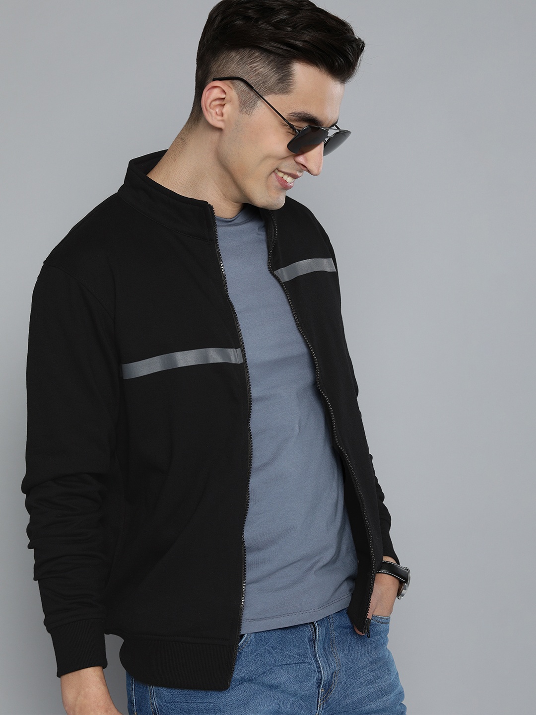

HERE&NOW Men Self-Design Solid Open-Front Sweatshirt with Contrast Band, Black