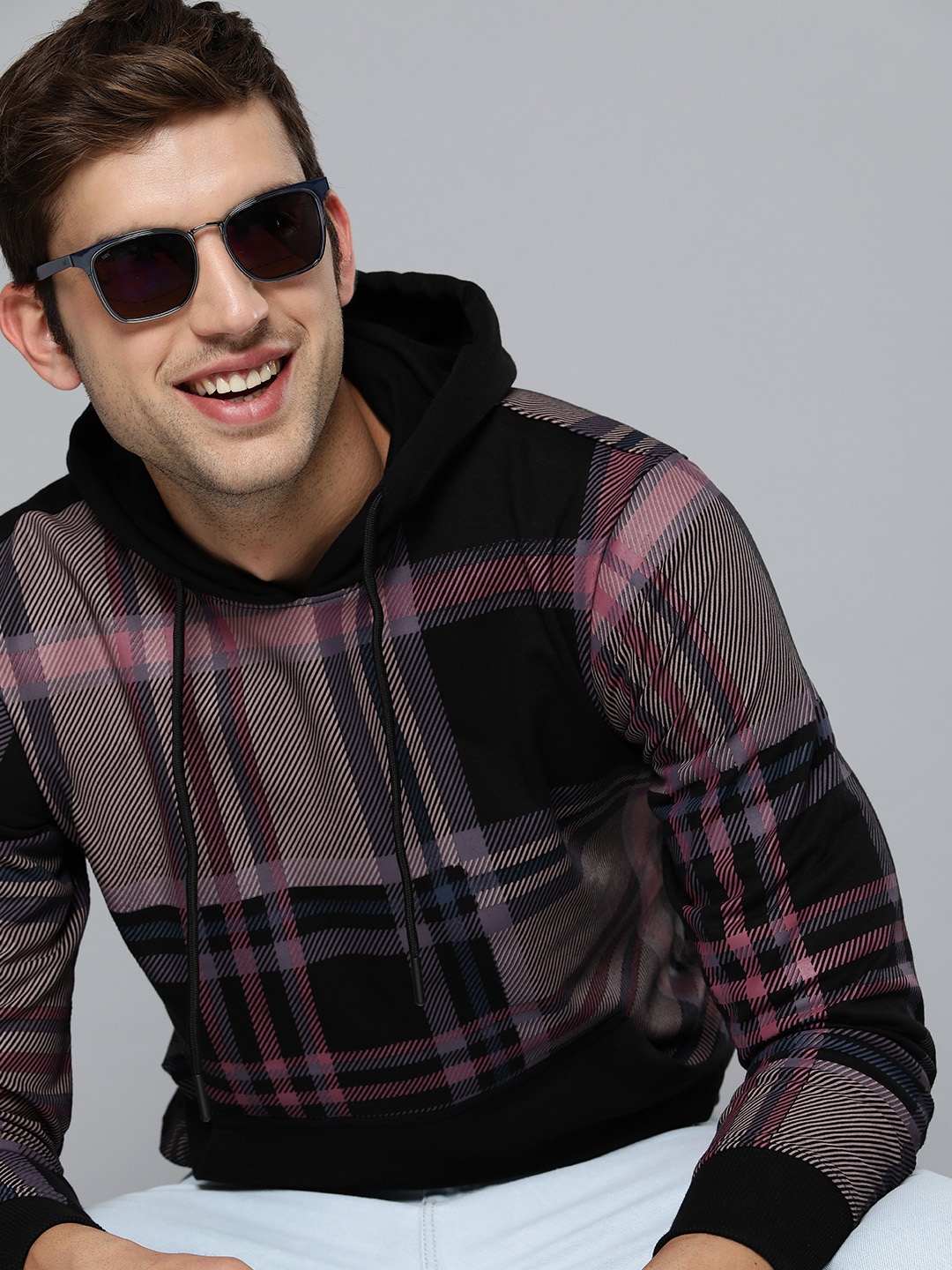 

HERE&NOW Men Black Checked Hooded Sweatshirt