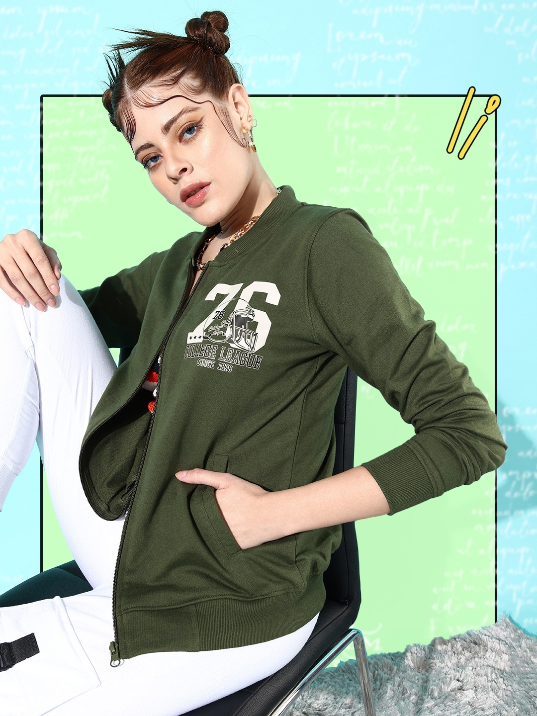 

HERE&NOW Women Green & White Printed Sweatshirt