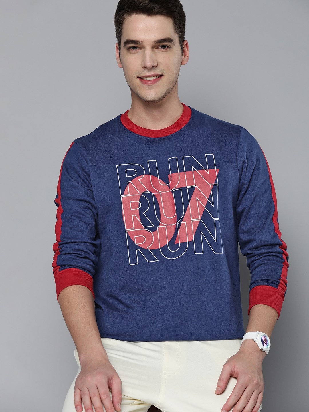 

HERE&NOW Men Navy Blue & Red Printed Sweatshirt