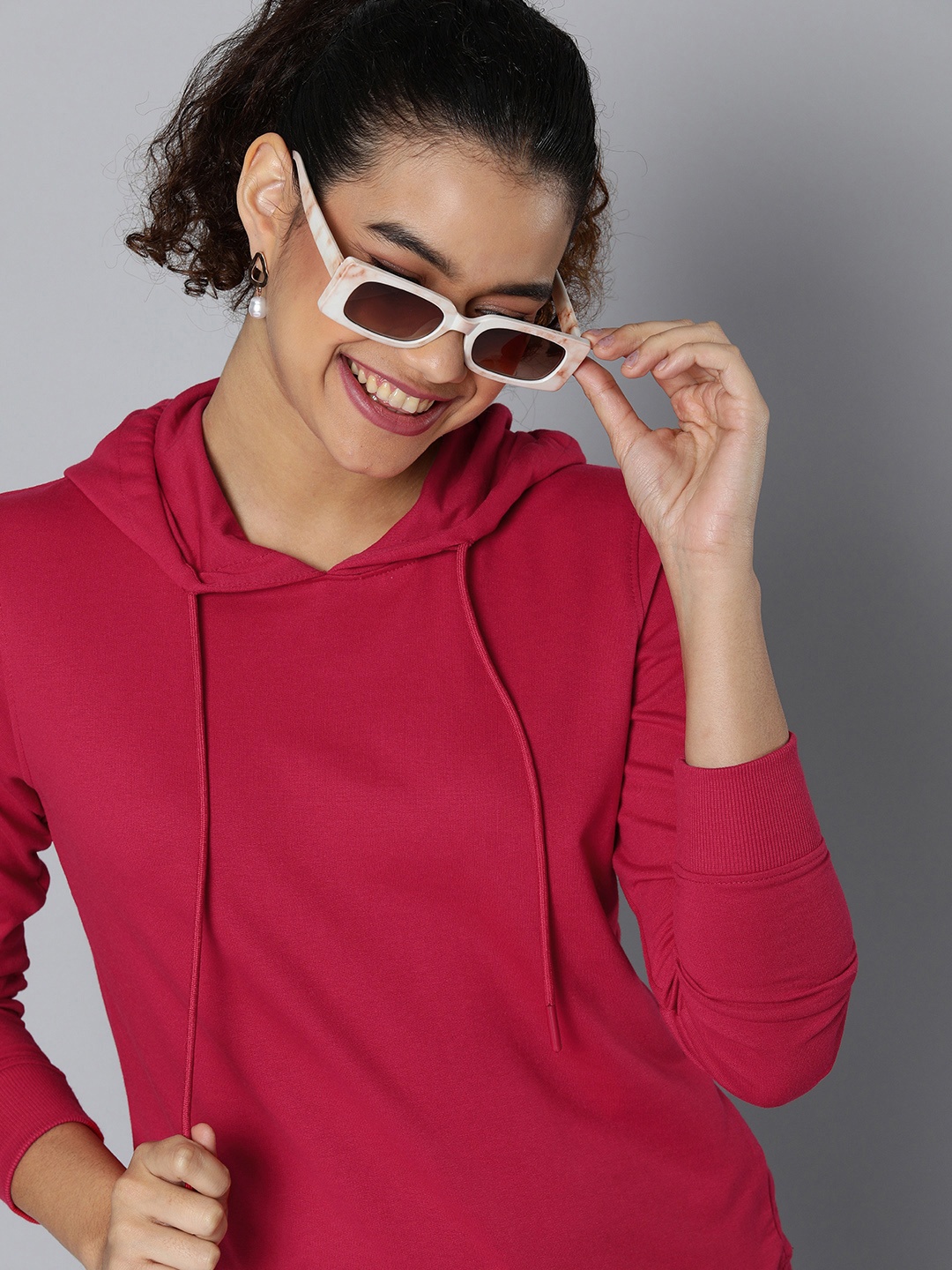 

HERE&NOW Women Red Solid Hooded Sweatshirt