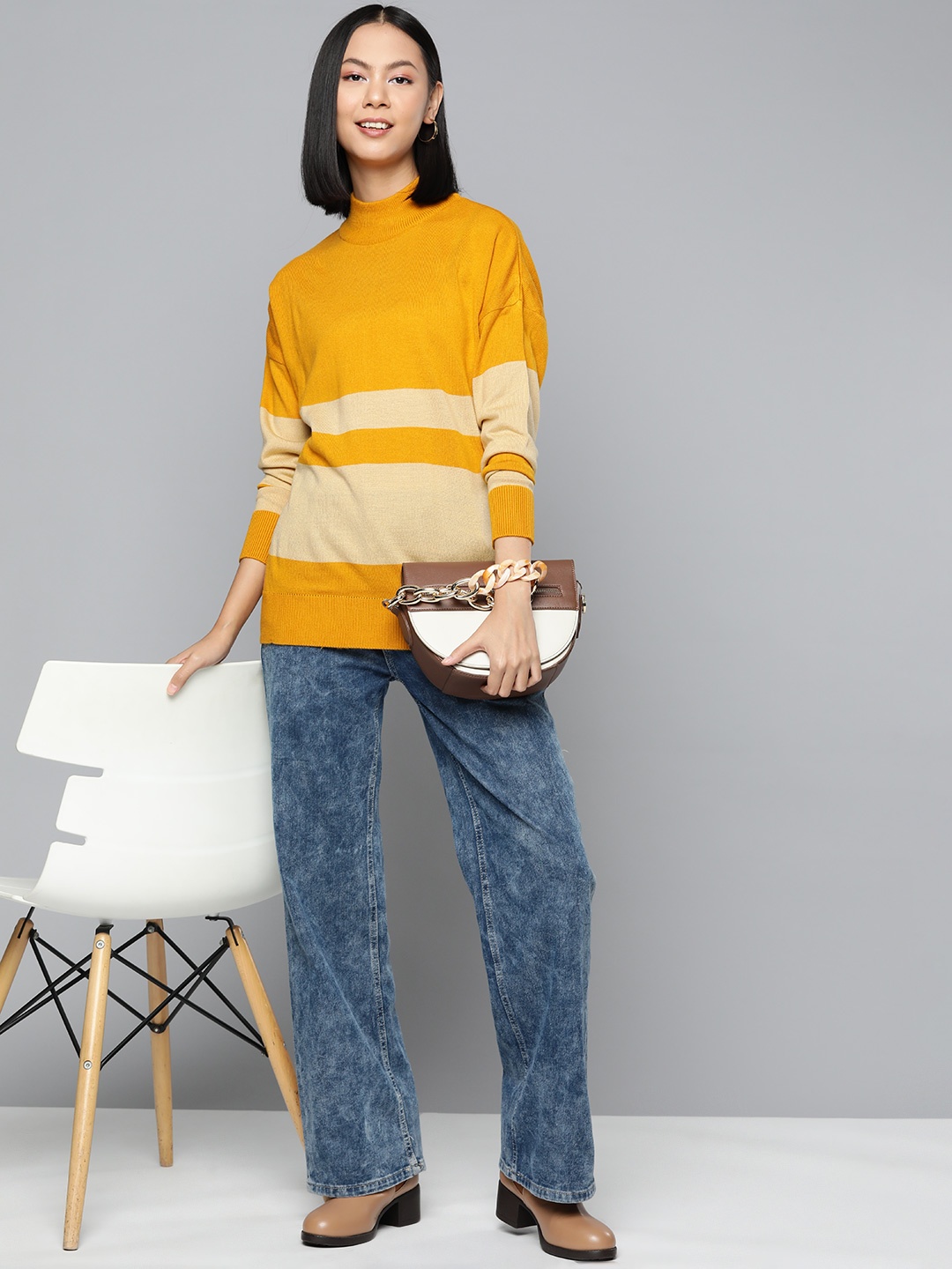 

HERE&NOW Striped Drop-Shoulder Sleeves Acrylic Pullover, Mustard