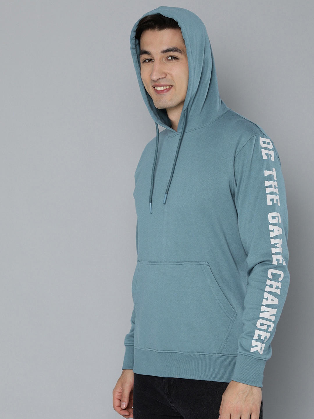 

HERE&NOW Men Solid Hooded Sweatshirt with Typography Contrast Sleeves, Blue