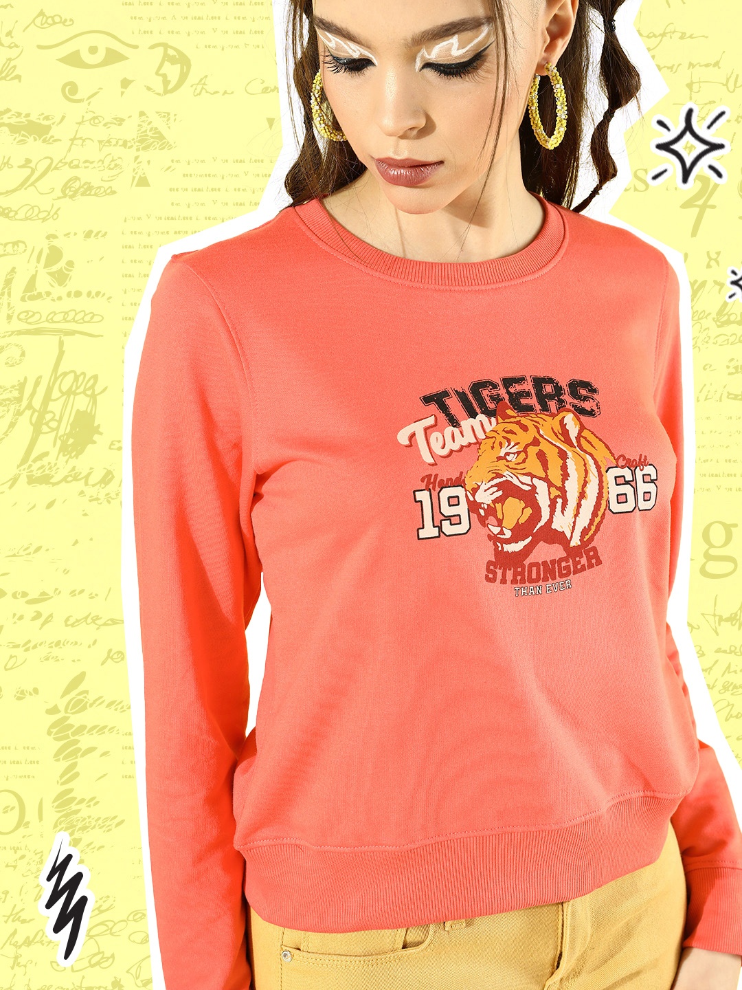 

HERE&NOW Women Coral Pink Graphic Printed Pullover Sweatshirt