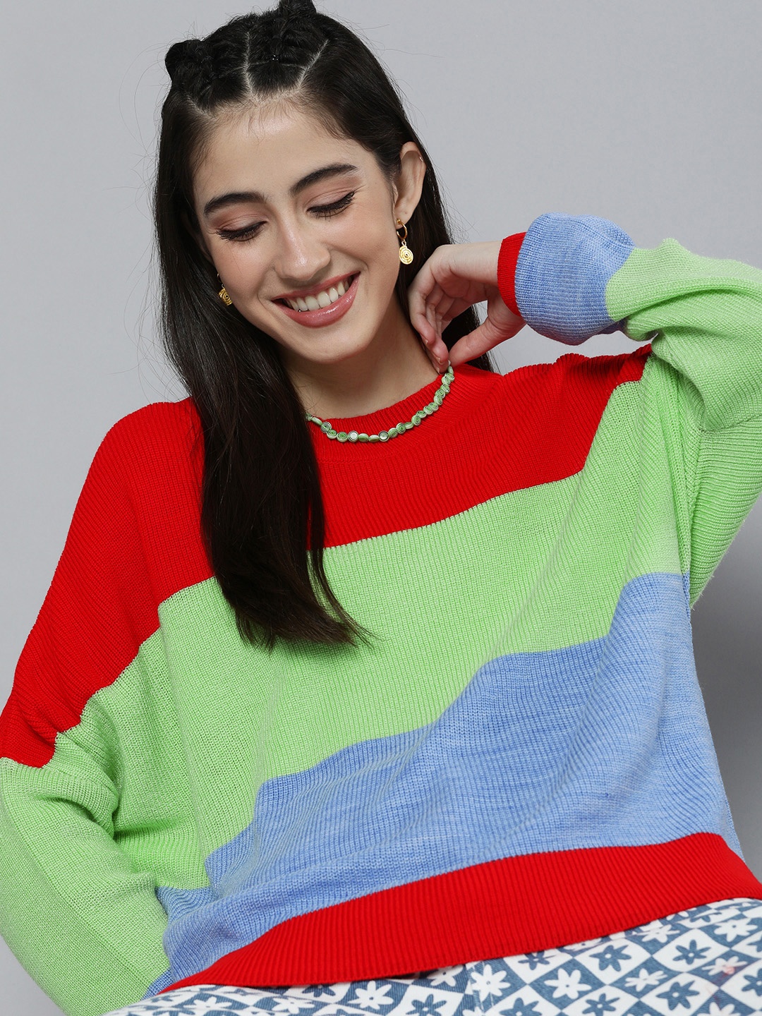 

HERE&NOW Women Red & Green Colourblocked Pullover
