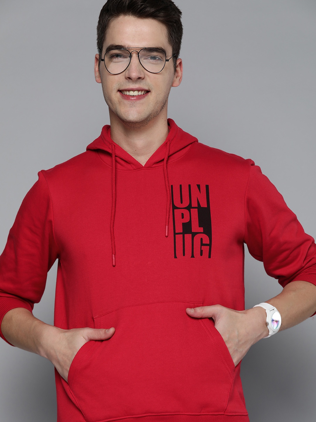 

HERE&NOW Men Red Printed Hooded Sweatshirt