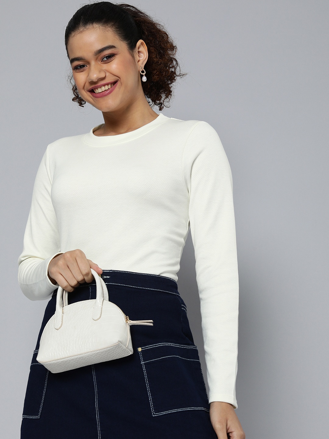 

HERE&NOW Women Off White Self Design Sweatshirt