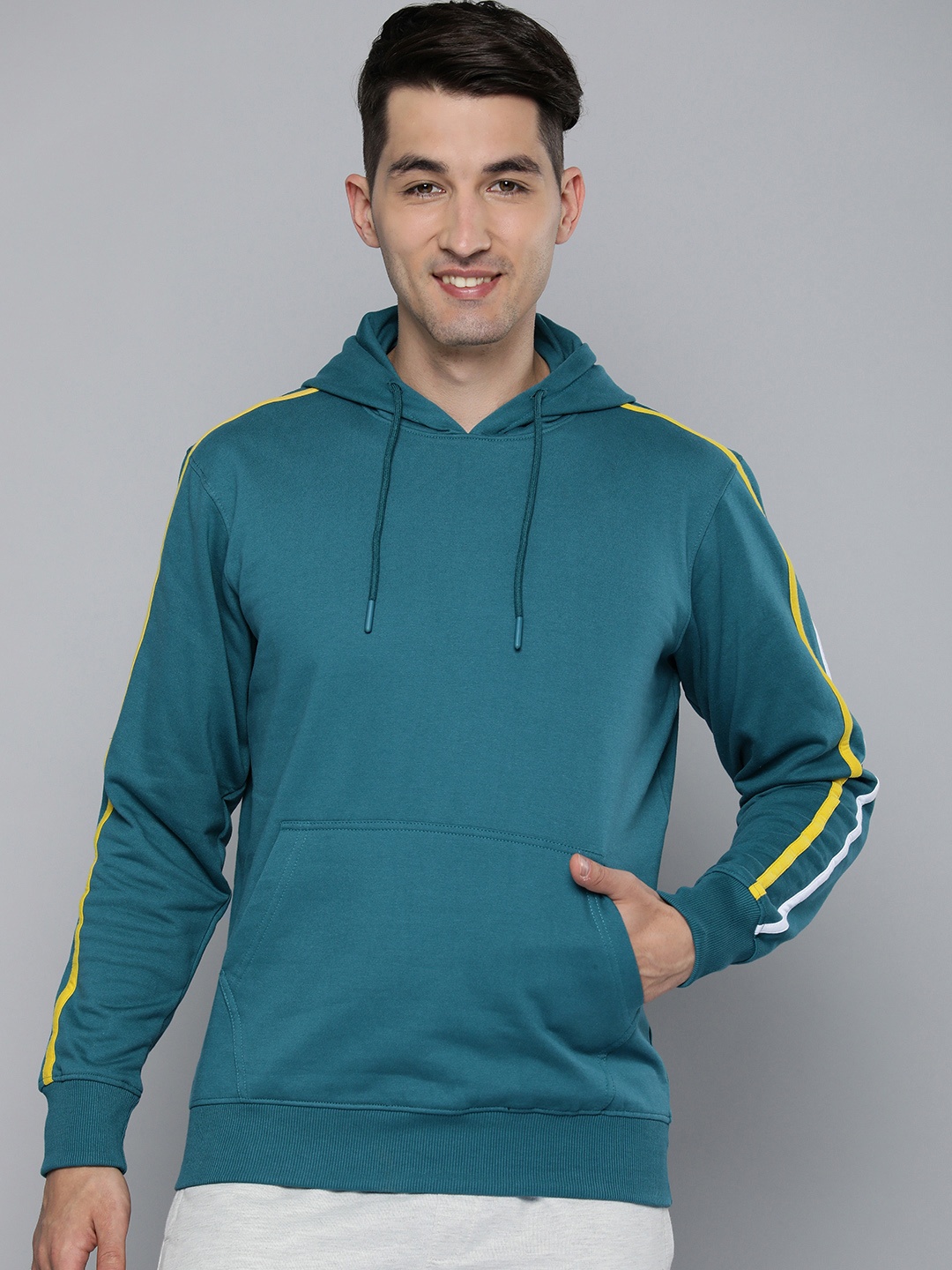 

HERE&NOW Men Solid Hooded Pullover Sweatshirt With Side Stripe, Teal