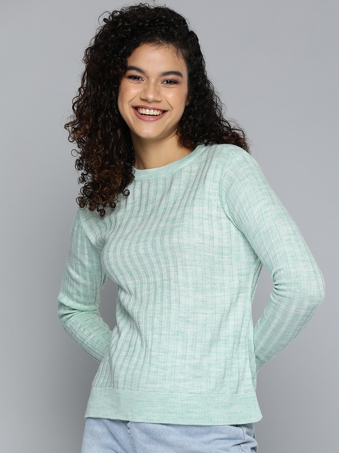 

HERE&NOW Women Blue Self-Design Striped Acrylic Pullover