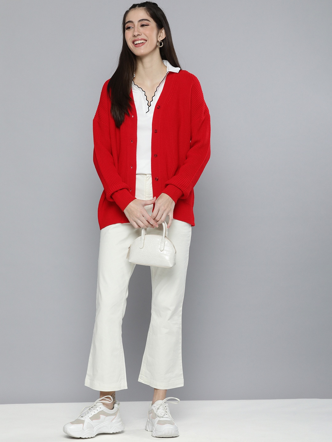 

HERE&NOW Women Red Open-Front Solid Cardigan