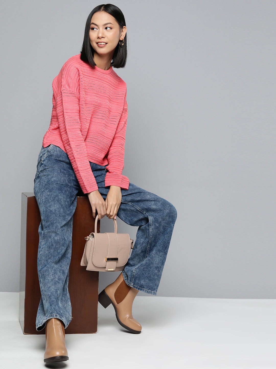 

HERE&NOW Open Knit Drop-Shoulder Sleeves Acrylic Pullover, Pink