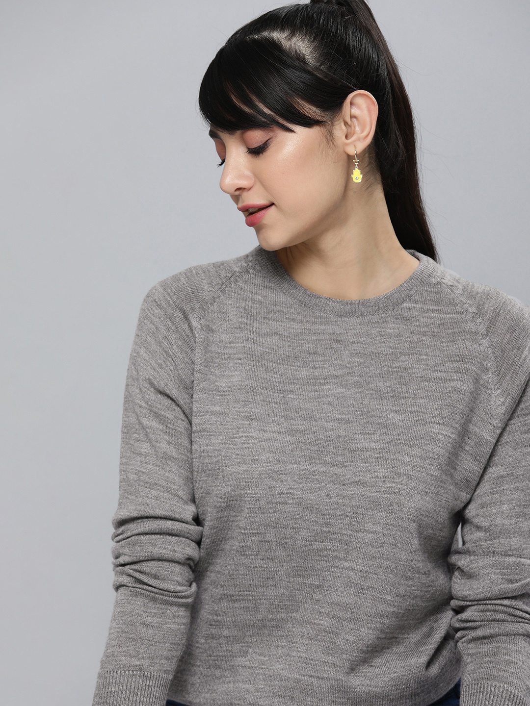 

HERE&NOW Women Grey Solid Acrylic Pullover