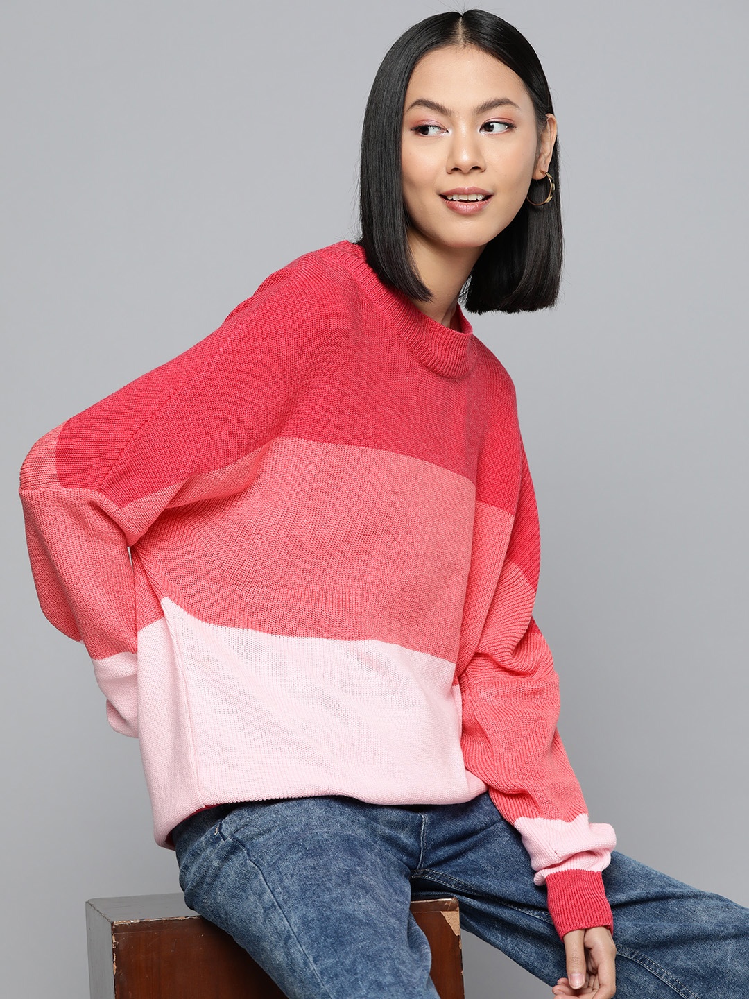 

HERE&NOW Striped Drop-Shoulder Sleeves Acrylic Pullover, Pink