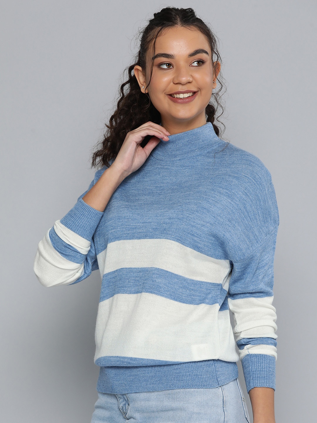

HERE&NOW Women Blue & White Striped Sweater Vest
