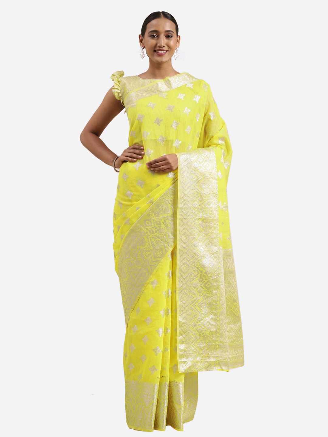 

Satrani Yellow & Silver-Toned Woven Design Saree